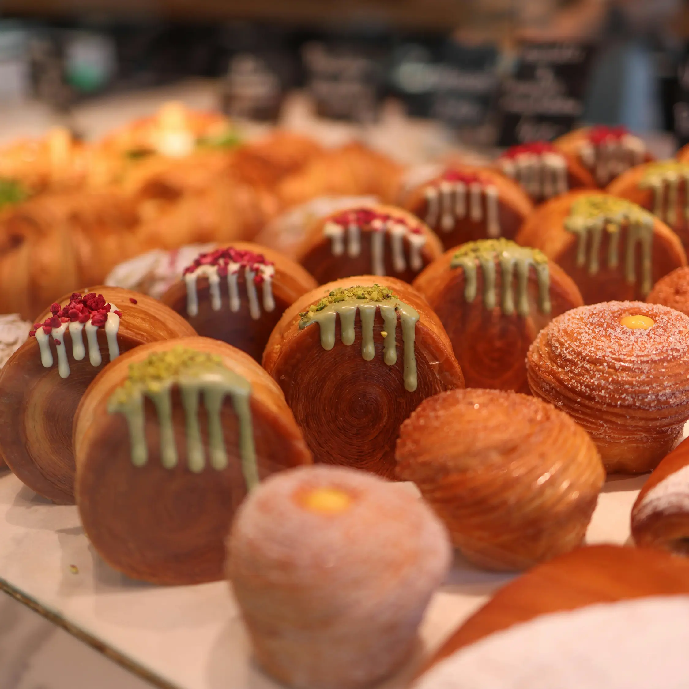 Korean-style glazed round pastry buns topped with pistachio and raspberry drizzle at Vonado Bakery