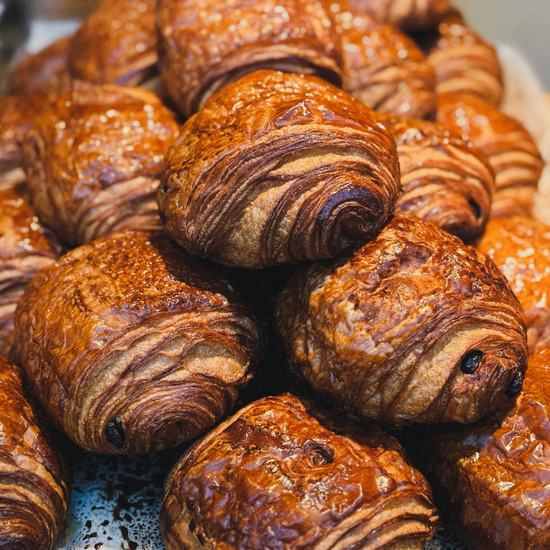 Pile of freshly baked flaky chocolate croissants at Vonado Cookie and Bread bakery in Hanoi